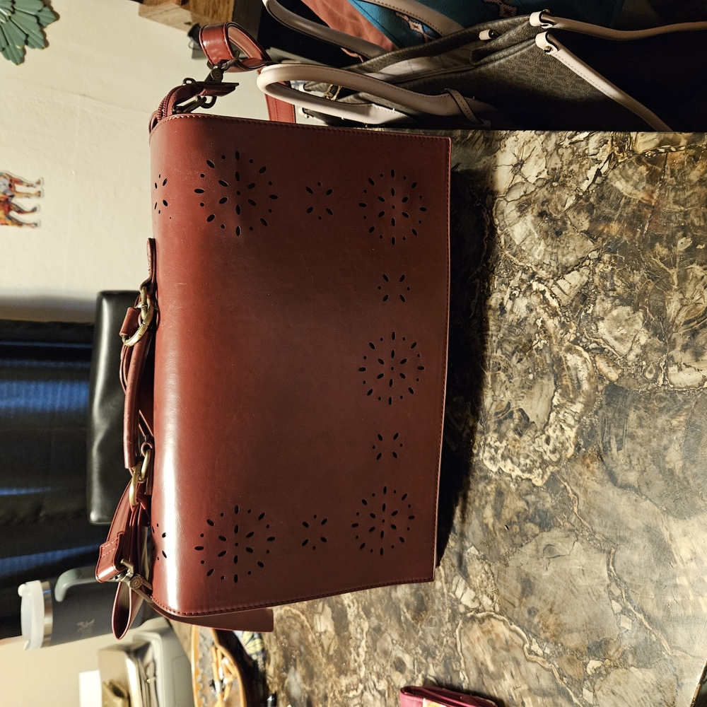 Red Leather Laptop Bag with Gold Hardware and Cutout Design